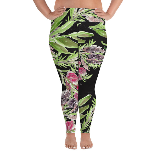Lavender Plus Size Leggings, Black Floral Print Women's Long Yoga Pants-Made in USA/EU-Women's Plus Size Leggings-2XL-Heidi Kimura Art LLC