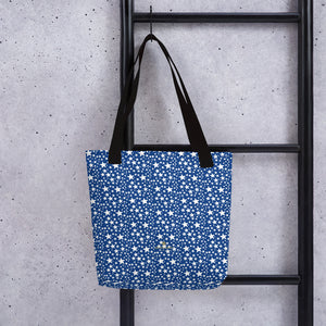 Blue White Stars Pattern Print Designer 15"x15" Market Reusable Tote Bag- Made in USA/EU-Tote Bag-Black-Heidi Kimura Art LLC