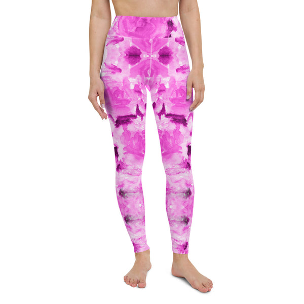 Hot Pink Floral Yoga Leggings, Abstract Print Women's Tights-Made in USA/EU-Heidi Kimura Art LLC-XS-Heidi Kimura Art LLC