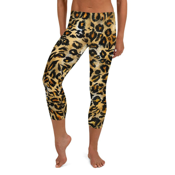 Brown Leopard Animal Print Dressy Women's Capri Leggings Pants- Made in USA/ EU-capri leggings-XS-Heidi Kimura Art LLC