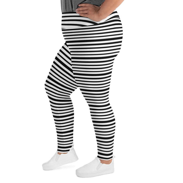 Horizontal White Black Stripe Print Women's Plus Size Leggings Tights- Made in USA/ EU-Women's Plus Size Leggings-Heidi Kimura Art LLC