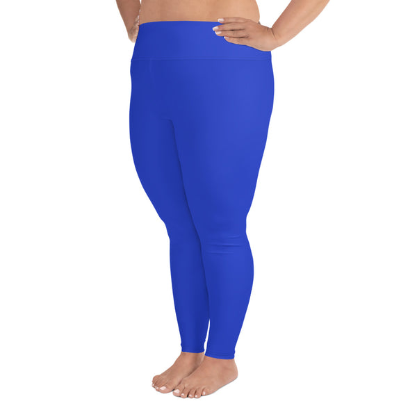 Cobalt Blue Solid Color Plus Size High Waist Long Women's Yoga Tights/ Leggings- Made in USA/EU-Women's Plus Size Leggings-Heidi Kimura Art LLC