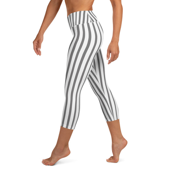 Gray And White Vertical Stripe Women's Yoga Capri Leggings Pants- Made in USA/ EU-Capri Yoga Pants-Heidi Kimura Art LLC