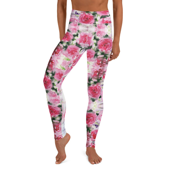 Pink Rose Women's Yoga Leggings-Heidikimurart Limited -Heidi Kimura Art LLC Pink Rose Women's Yoga Leggings, Floral Print Modern Women's Gym Workout Active Wear Fitted Leggings Sports Long Yoga & Barre Pants - Made in USA/EU/MX (US Size: XS-6XL)