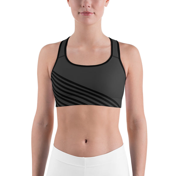 Gray Diagonal Striped Sports Bra, Women's Sports Workout Fitness Bra-Made in USA/EU-Sports Bras-Black-XS-Heidi Kimura Art LLC