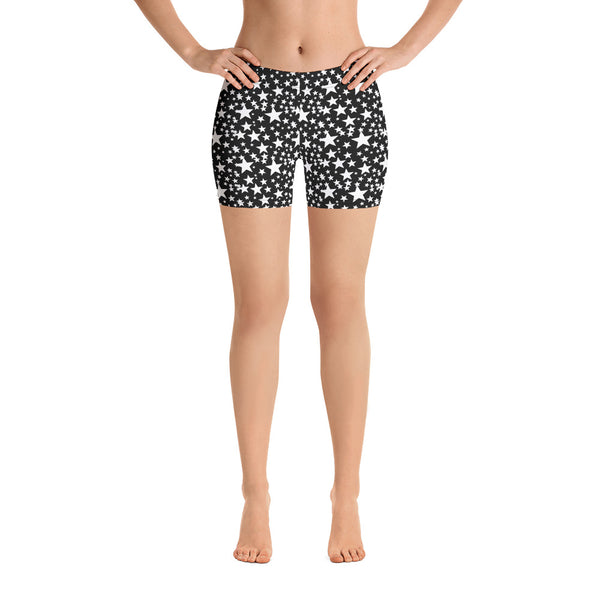 Black White Stars Print Pattern Women's Elastic Shorts Short Stretchy Tights-Made in USA/EU-Women's Short Tights-Heidi Kimura Art LLC