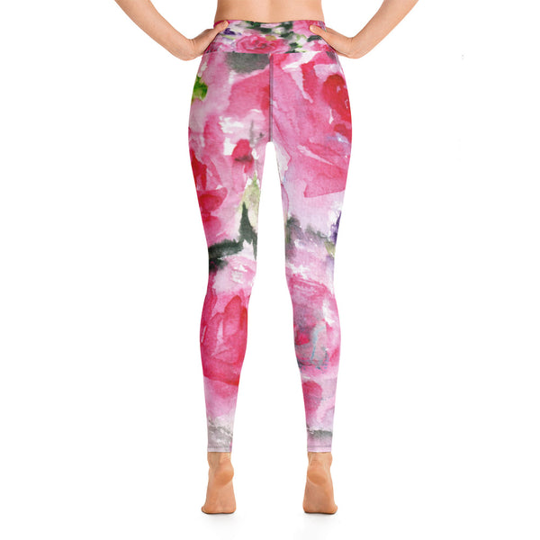 Pink Abstract Rose Floral Print Women's Yoga Leggings/ Long Yoga Pants- Made in USA-Leggings-Heidi Kimura Art LLC Pink Abstract Floral Women's Leggings, Pink Abstract Rose Floral Print Yoga Leggings/ Long Yoga Pants - Made in USA/EU (US Size: XS-XL)