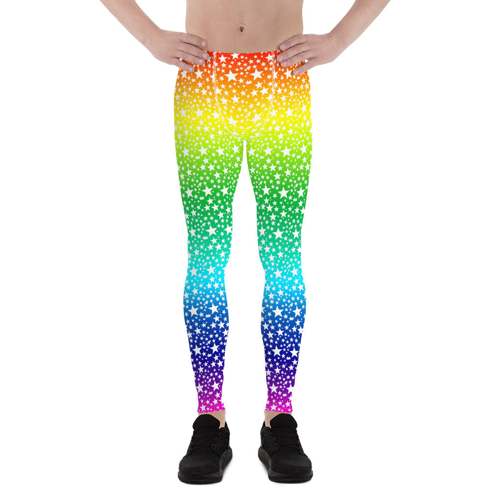 Rainbow White Stars Meggings, Gay Pride Men's Leggings Tights-Made in USA/EU-Heidi Kimura Art LLC-XS-Heidi Kimura Art LLC Rainbow White Stars Meggings, Gay Pride Parade Men's Tights, Rainbow Ombre Star Print 38-40 UPF Fitted Elastic Men's Leggings Sexy Workout Compression Tights/ Pants- Made in USA/EU (US Size: XS-3XL)