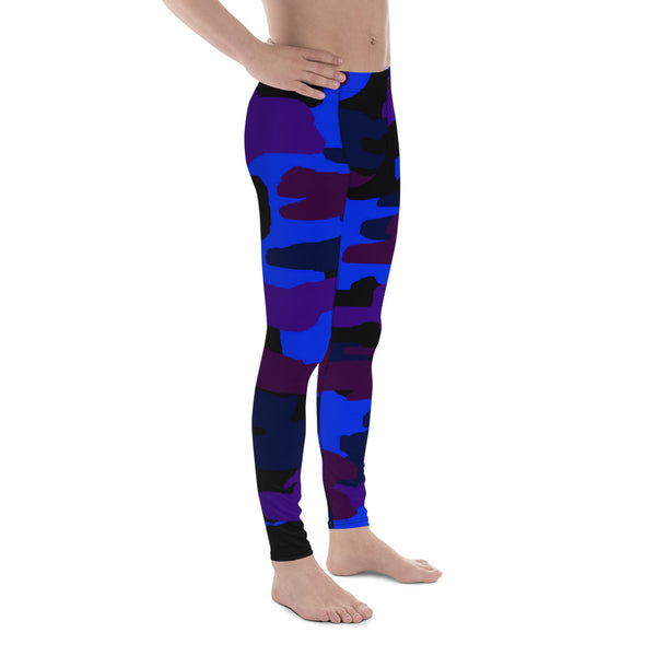 Purple Blue Camouflage Hot Men's Running Leggings & Fetish Tights- Made in USA/EU-Men's Leggings-Heidi Kimura Art LLC