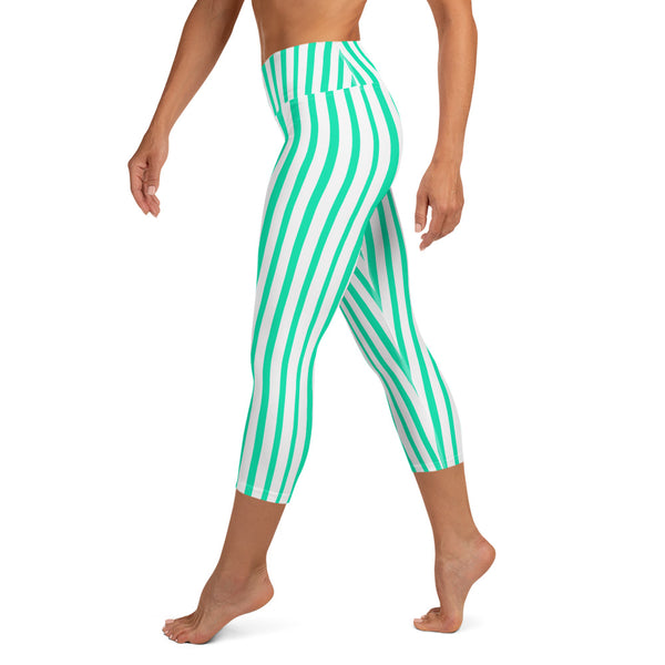 Turquoise Blue Vertical Stripe Print Women's Yoga Capri Leggings- Made in USA/ EU-Capri Yoga Pants-Heidi Kimura Art LLC