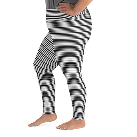 Horizontal Black White Stripe Print Plus Size Leggings Yoga Pants Tights- Made in USA/ EU-Women's Plus Size Leggings-Heidi Kimura Art LLC