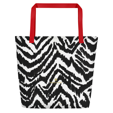 Modern Black White Zebra Animal Pattern Print Large Tote 16"x20" Beach Bag- Made in USA/EU-Beach Tote Bag-Red-Heidi Kimura Art LLC