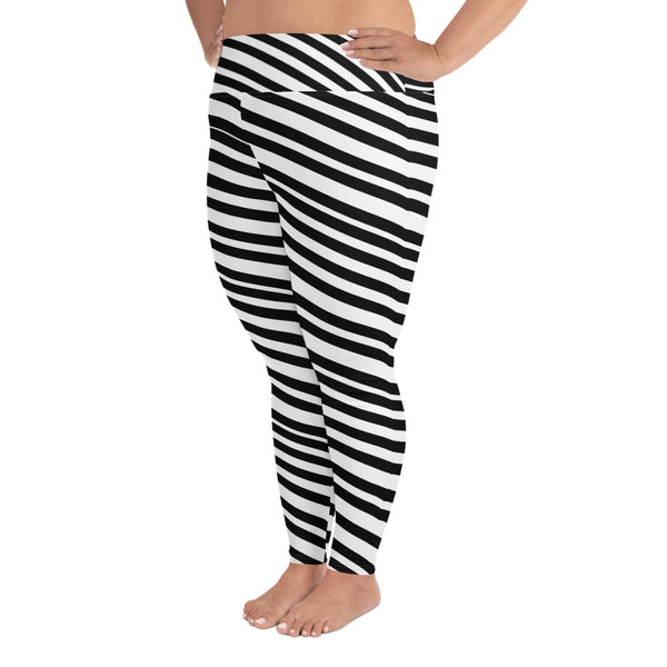 White & Black Diagonal Stripe Women's Plus Size Yoga Pants Leggings- Made in USA/ EU-Women's Plus Size Leggings-Heidi Kimura Art LLC