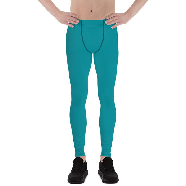 Teal Blue Solid Color Best Compression Men Tights Men's Leggings-Made in USA/EU-Men's Leggings-XS-Heidi Kimura Art LLC