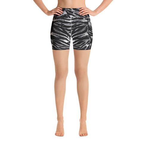 Grey Tiger Yoga Shorts, Striped Animal Print Premium Quality Women's High Waist Spandex Fitness Workout Yoga Shorts, Yoga Tights, Fashion Gym Quick Drying Short Pants With Pockets - Made in USA/EU (US Size: XS-XL)