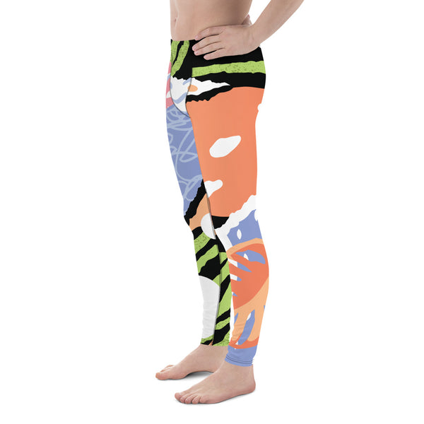 Green Tiger Stripe Tropical Leaf Print Summer Men's Leggings Tights Pants- Made in USA/EU-Men's Leggings-Heidi Kimura Art LLC