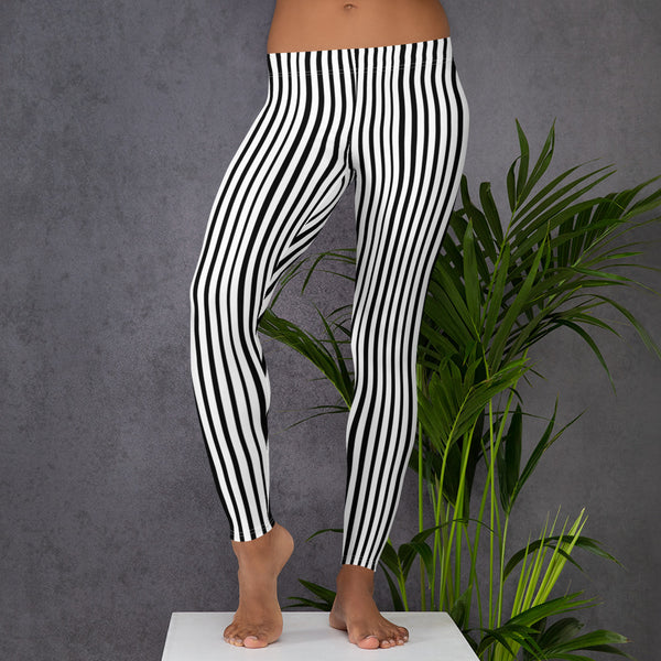 Black Striped Women's Leggings, Black White Vertical Stripe Print Women's Casual Tights-Casual Leggings-Heidi Kimura Art LLC