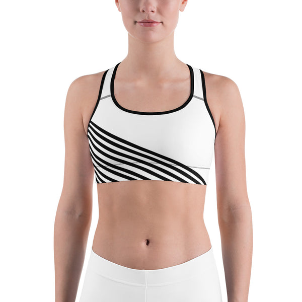 Classic White Black Diagonal Striped Print Women's Sports Bra-Made in USA-Sports Bras-Black-XS-Heidi Kimura Art LLC