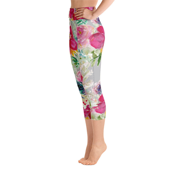 Pink Floral Rose Print Women's Yoga Capri Leggings - Made in USA (XS-XL)-Capri Yoga Pants-Heidi Kimura Art LLC Pink Floral Women's Capri Leggings, Pink Garden Floral Rose Print Women's Yoga Capri Leggings Pants - Made in USA/EU (US Size: XS-XL)