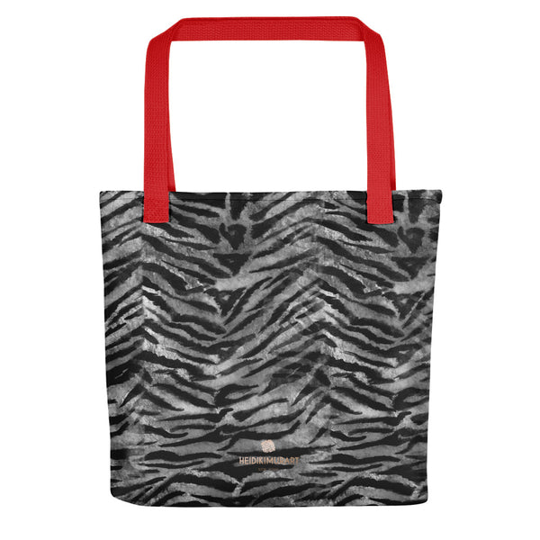 Gray Tiger Striped Print Tote Bag, Grey Animal Print 15" x 15" Tote Bag-Made in USA/EU-Tote Bag-Red-Heidi Kimura Art LLC