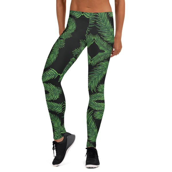 Green Tropical Leaves Leggings, Palm Leaf Print Women's Casual Tights-Made in USA/EU-Heidi Kimura Art LLC-Heidi Kimura Art LLC