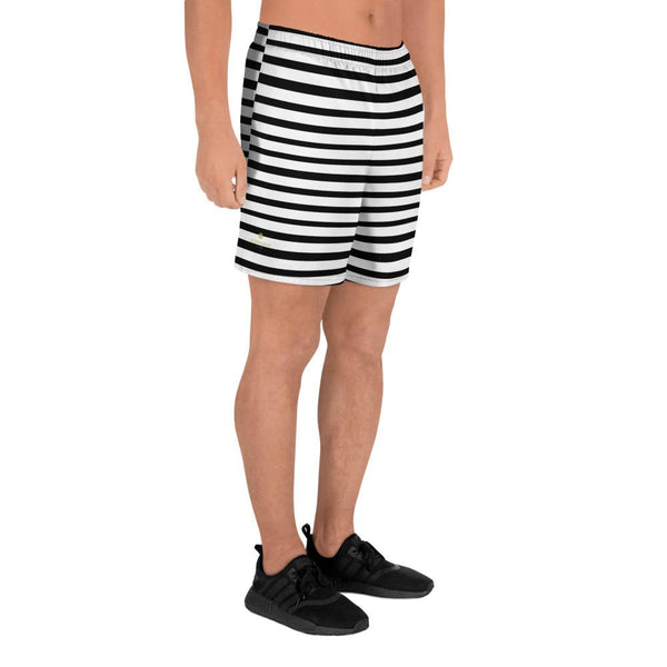 Modern Black White Horizontal Stripe Print Men's Athletic Best Long Shorts- Made in EU-Men's Long Shorts-Heidi Kimura Art LLC