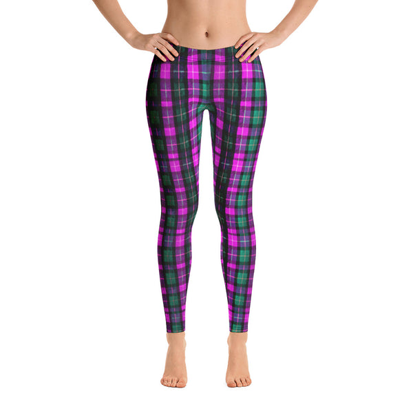 Pink Plaid Polyester Spandex Elastic Women's Casual Leggings - Made in USA-Casual Leggings-Heidi Kimura Art LLC