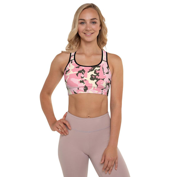 Pink Cute Camo Army Military Print Women's Padded Fitness Sports Bra- Made in USA/EU-Sports Bras-Black-XS-Heidi Kimura Art LLC