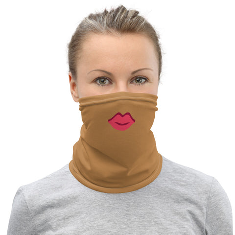 Red Lips Brown Face Mask, Funny Washable Reusable Neck Gaiter-Heidi Kimura Art LLC-Heidi Kimura Art LLC