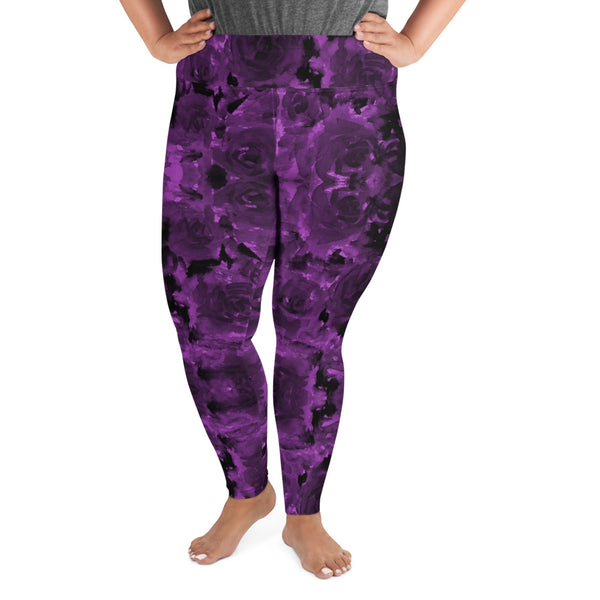 Purple Floral Plus Size Leggings, Abstract Women's Long Yoga Pants-Made in USA/EU-Heidi Kimura Art LLC-Heidi Kimura Art LLC Purple Floral Plus Size Leggings, Abstract Printed Women's Leggings Plus Size, Women's Yoga Pants Long Plus Size Leggings - Made in USA/EU (US Size: 2XL-6XL)