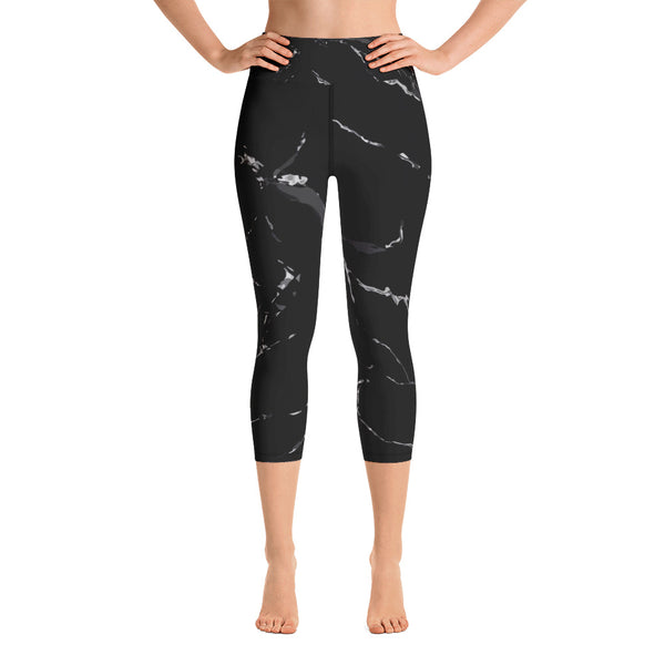 Black Marble Print Capri Leggings, Abstract Women's Yoga Stretchy Pants-Made in USA/ EU-Capri Yoga Pants-XS-Heidi Kimura Art LLC