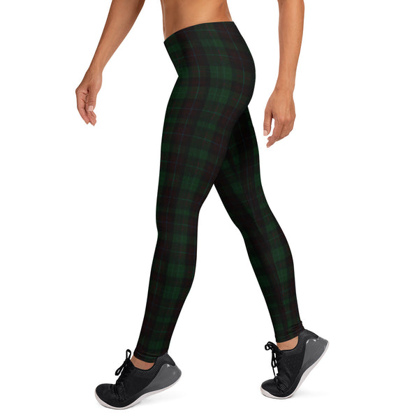 Dark Green Plaid Casual Leggings, Women's Fashion Tights-Made in USA/EU-Heidi Kimura Art LLC-Heidi Kimura Art LLC