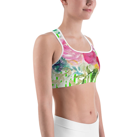 Green Pink Colorful Vertical Stripe Floral Print Women's Sports Bra-Made in USA-Sports Bras-Heidi Kimura Art LLC Pink Floral Sports Bra, Green Pink Colorful Vertical Stripe + Floral Print Women's Racer back Seamless Unpadded Yoga Sports Bra - Made in USA/EU (US Size: XS-2XL)