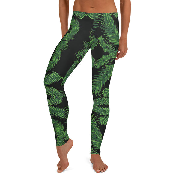 Green Tropical Leaves Leggings, Palm Leaf Print Women's Casual Tights-Made in USA/EU-Heidi Kimura Art LLC-Heidi Kimura Art LLC
