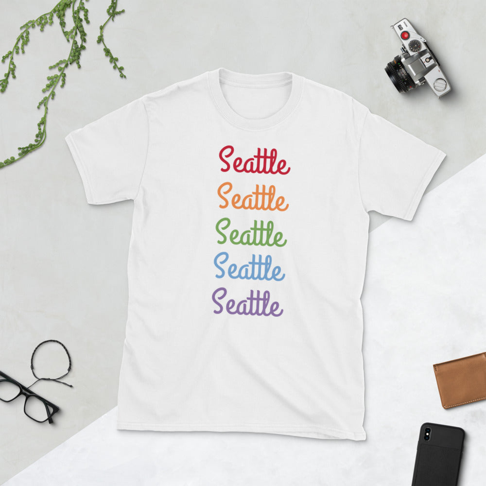 Fun Seattle Gay Pride Parade Rainbow Short-Sleeve Unisex T-Shirt (US Size: S-3XL)-T-Shirt-White-S-Heidi Kimura Art LLC