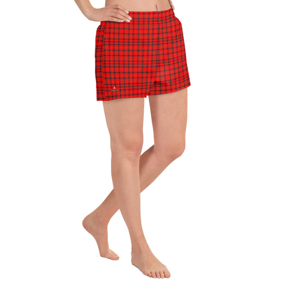 Red Plaid Ladies Shorts, Scottish Tartan Print Women's Athletic Short Shorts-Heidi Kimura Art LLC-Heidi Kimura Art LLC Red Plaid Women's Shorts, Scottish Plaid Tartan Print Designer Best Women's Athletic Running Short Printed Water-Repellent Microfiber Individually Sewn Shorts With Elastic Waistband With A Drawstring And Mesh Side Pockets - Made in USA/EU (US Size: XS-3XL) Running Shorts Womens, Printed Running Shorts, Plus Size Available, Perfect for Running and Swimming 