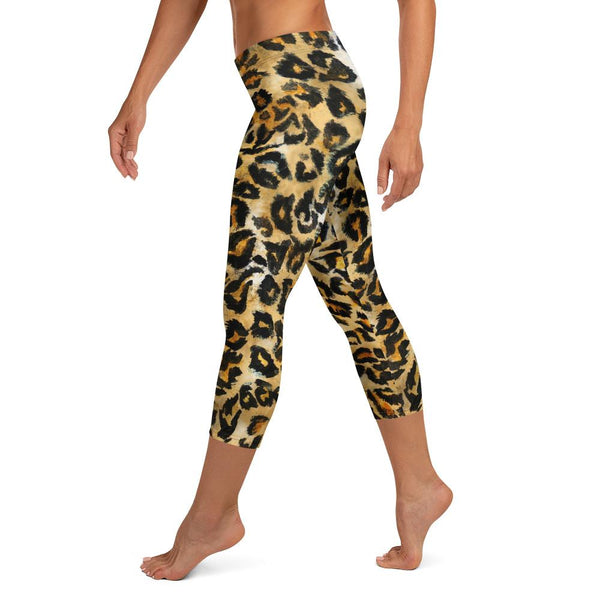 Brown Leopard Animal Print Dressy Women's Capri Leggings Pants- Made in USA/ EU-capri leggings-Heidi Kimura Art LLC