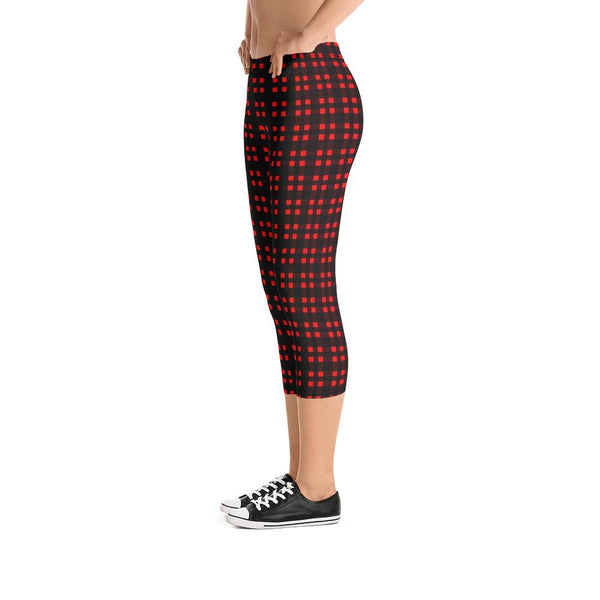 Buffalo Red Plaid Print Women's Capri Leggings Pants Fashion Tights- Made in USA/ EU-capri leggings-Heidi Kimura Art LLC