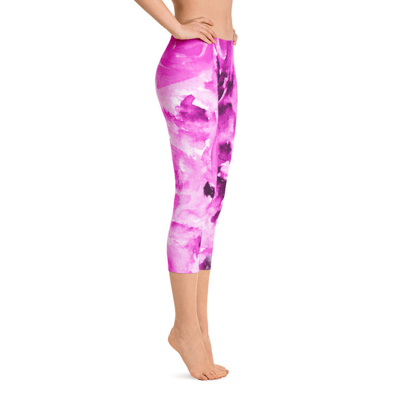 Pink Rose Floral Designer Capri Leggings Casual Fashion Outfits-Made in USA/EU (US Size: XS-XL)-capri leggings-Heidi Kimura Art LLC