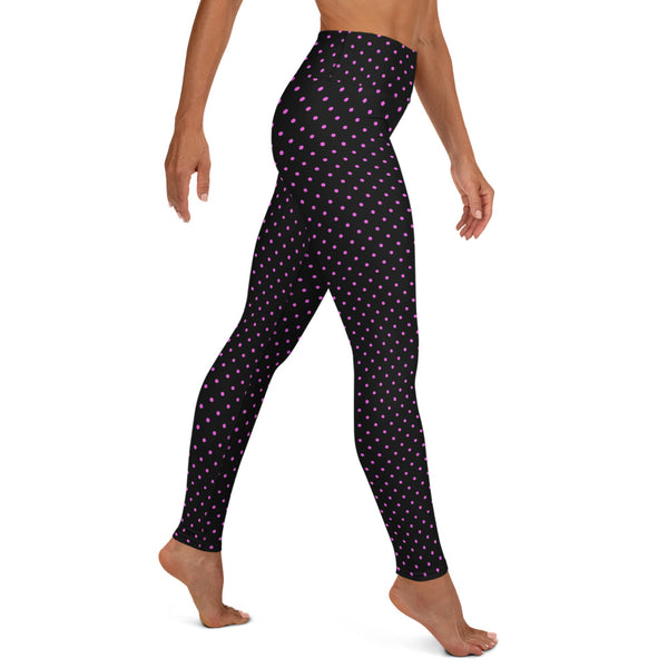 Pink Polka Dots Yoga Leggings, Women's Long Yoga Leggings-Heidi Kimura Art LLC-Heidi Kimura Art LLC