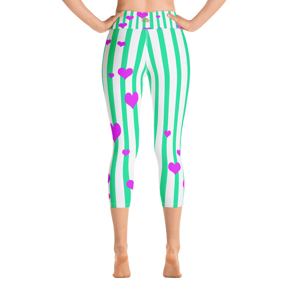 Turquoise Blue Striped Women's Spandex Yoga Capri Pants Leggings With Pockets-Capri Yoga Pants-Heidi Kimura Art LLC