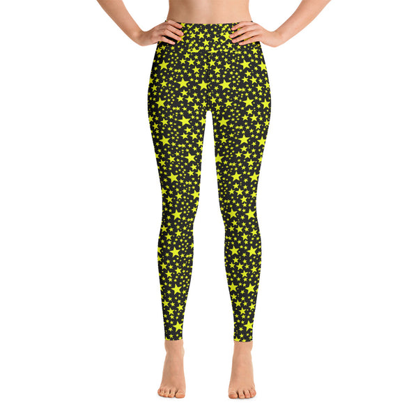 Yellow Rock Star Pattern Print Black Women's Designer Yoga Leggings- Made in USA/EU-Leggings-Heidi Kimura Art LLC v