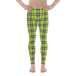 Green Plaid Tartan Print Meggings, Preppy Compression Pants Men's Leggings-Heidikimurart Limited -XS-Heidi Kimura Art LLC