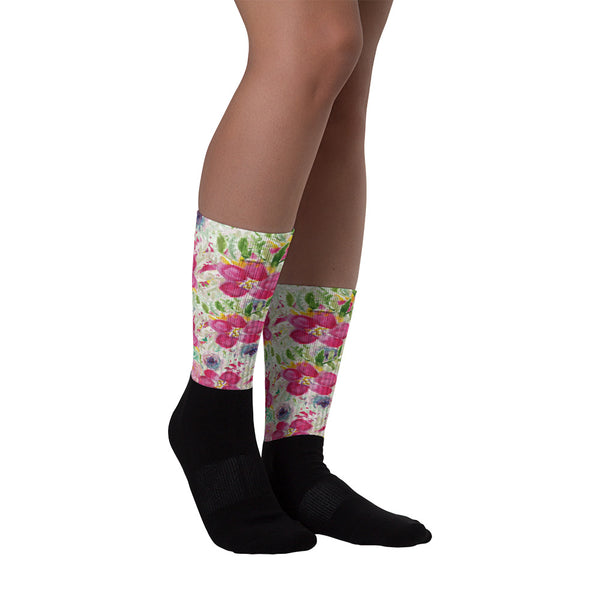 Pink Rose Floral Designer Black Foot Sublimated Socks - Made in USA/ Europe-Socks-M (6-8)-Heidi Kimura Art LLC