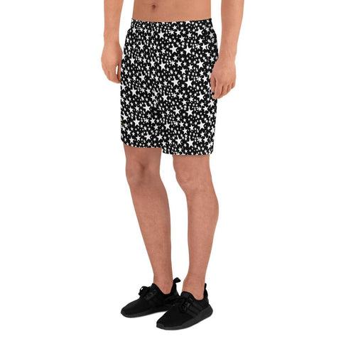 Black White Stars Print Pattern Men's Athletic Long Shorts With Pockets- Made in USA/EU-Men's Long Shorts-Heidi Kimura Art LLC Black White Stars Men's Joggers, Black White Stars Print Pattern Premium Quality Men's Athletic Long Fashion Shorts, Best Men's Workout Shorts (US Size: XS-3XL) Made in Europe