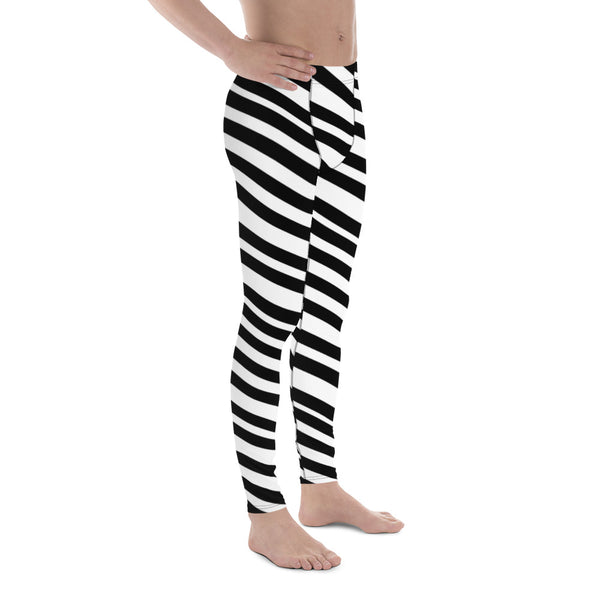 Black White Diagonally Striped Meggings, Men's Athletic Running Leggings-Made in USA/E-Men's Leggings-Heidi Kimura Art LLC