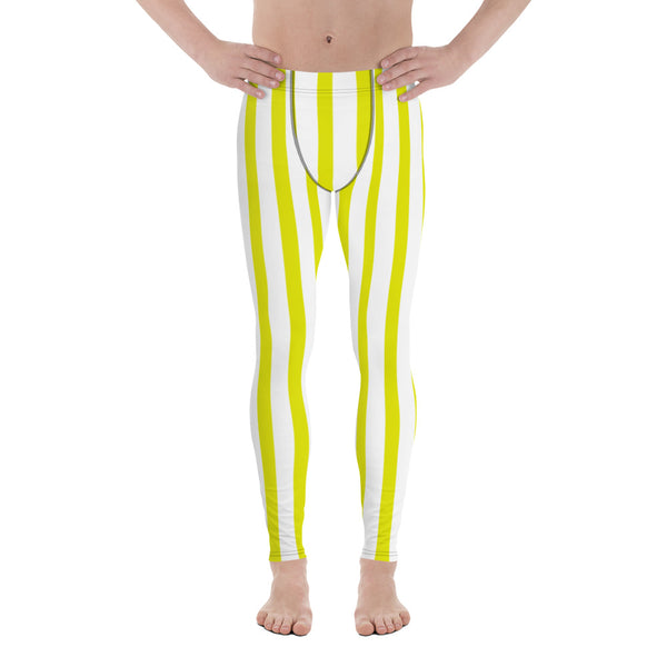 Yellow & White Stripes Men's Running Leggings & Run Tights Meggings-Made in USA/EU-Men's Leggings-XS-Heidi Kimura Art LLC