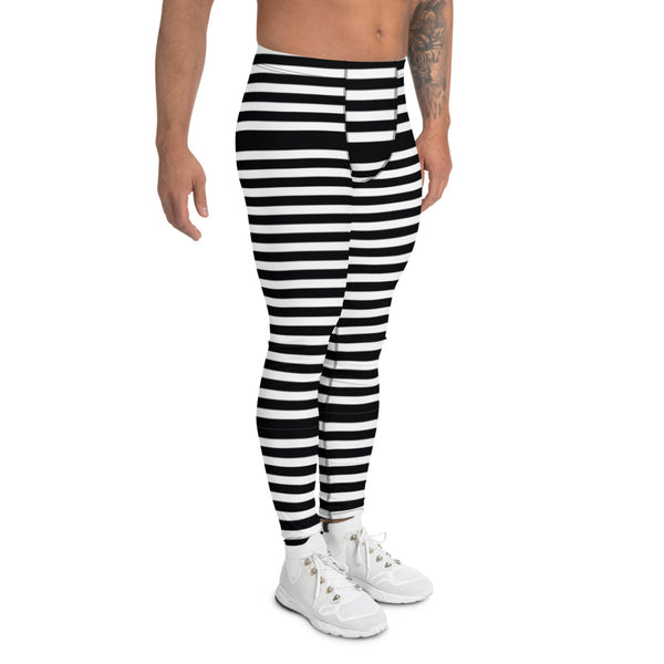 Black White Striped Men's Leggings, Modern Designer Meggings Compression Tights-Heidikimurart Limited -Heidi Kimura Art LLC