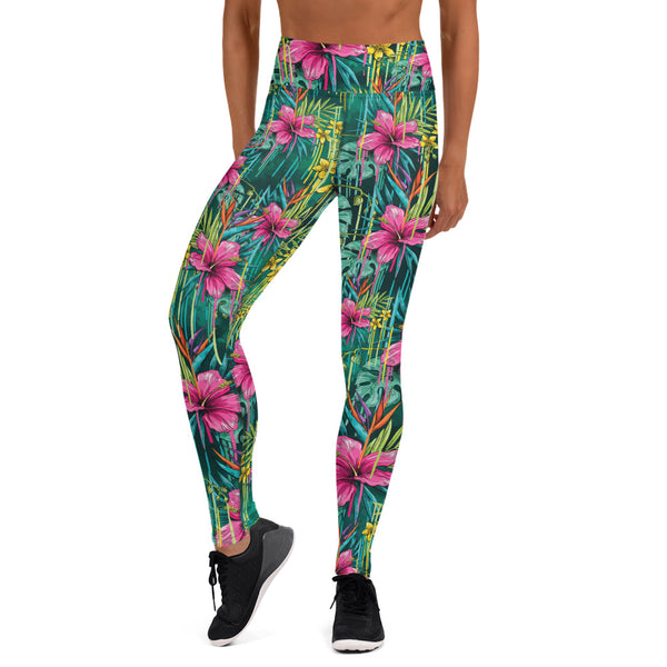 Green Floral Yoga Leggings, Tropical Leaf Print Women's Tights-Made in USA/EU-Heidi Kimura Art LLC-Heidi Kimura Art LLC