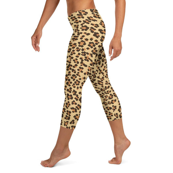 Brown Leopard Animal Print Women's Capri Leggings Pants Fashion Tights- Made in USA/ EU-capri leggings-Heidi Kimura Art LLC